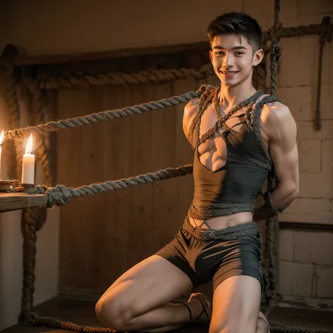  (((19 year old boy, skinny, lean))), smiling (((wearing gym shorts)))  kneeling, ((((Trussed up completely with rope)))), ((((very tight rope crossed over chest)))),(((body in tight shibari ropes))) sweating, wet skin, in a dungeon with candles and a fire...