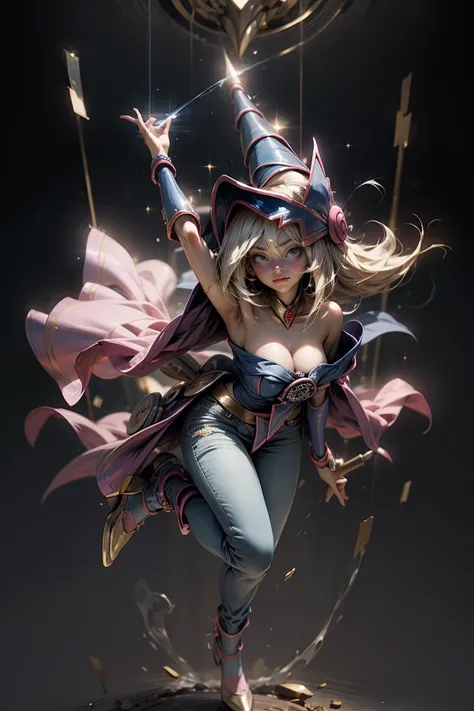 (Masterpiece:1.2), (The best quality:1.2), perfect lighting, Dark Magician Girl casting a spell, in battle. floating in the air, big and visible tits, wear jeans and heels. transparent neckline, blue robe, big hat, From above, sparkles, Yugioh game, The ma...