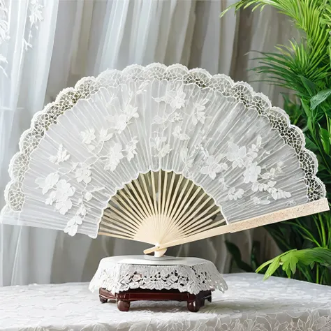 white laceで出来た扇子, beautiful lace fan, lace fan for room decoration, indoor, white lace, very delicate lace, best quality:1.2, 4k...