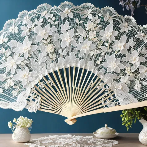 white laceで出来た扇子, beautiful lace fan, lace fan for room decoration, indoor, white lace, very delicate lace, best quality:1.2, 4k...