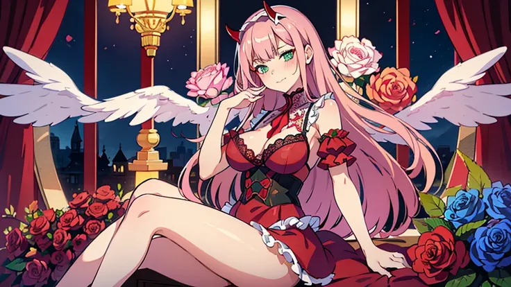 masterpiece, high quality, best quality, beautiful, hd, perfect lighting, detailed face, detailed body, 1 woman, (milf), solo, (pink hair), green eyes, ((red lace underwear with ruffles)), (sitting on plushie), (red roses, blue violets), sexy pose, sexy fa...