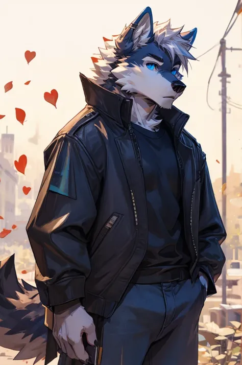 anthro male wolf, pure white fur, white hair, blue eyes, grey jacket, black shirt, jeans