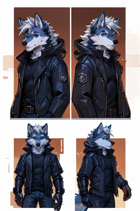 anthro male wolf, pure white fur, white hair, blue eyes, grey jacket, black shirt, jeans, reference, sheet, front view