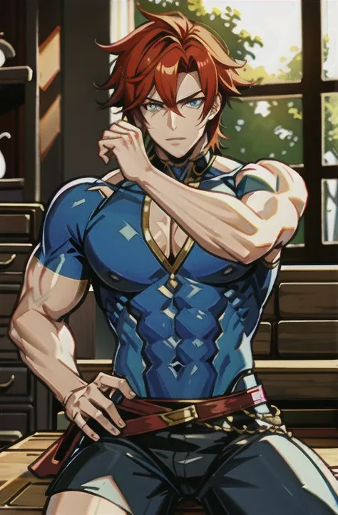 semi muscular anime boy dynamic pose sitting handsome boy