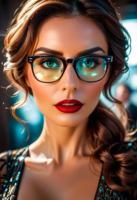 a facial portrait of a ((spy using glasses to take pictures)) working on a secret computer labratory, an elegant, exquisite beautiful female spy, dynamic hair color, dynamic hair style, (wearing elegant intricate details glasses: 1.3), dynamic color glasse...