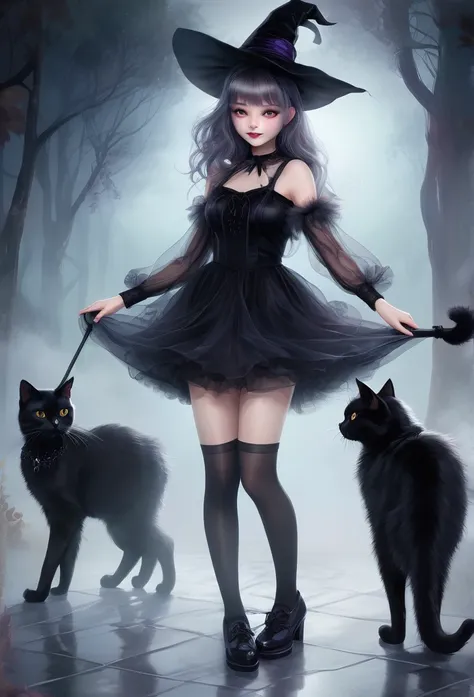 witch girl,full body,short tulled dress, translucent socks,shoes,hugging a beautiful furry black cat,mist background,(high quality),(refined details),(delicate details),(fantasy illustration)