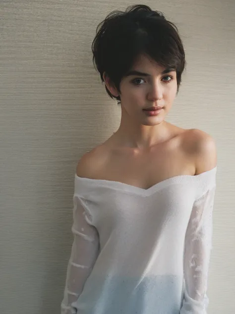 Highest quality, masterpiece, Ultra-high resolution, (Realistic:1.5), RAW Photos, One girl, Off the shoulder, In the Dark, Deep Shadow, Modest, Cold Light, Sexy Looks, short hair