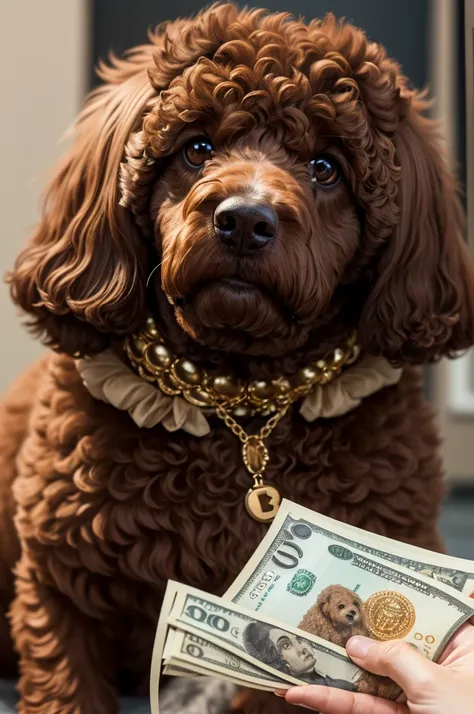 Create a brown poodle dog that conveys confidence and luxury.  Banknotes falling around him, with Bitcoin.  with a necklace written MACHO