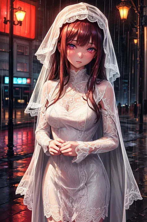 ((best quality, 8K, long lace dress, Standing in the rain, red light district, Highly detailed face and skin textures, delicate eyes, double eyelids.)