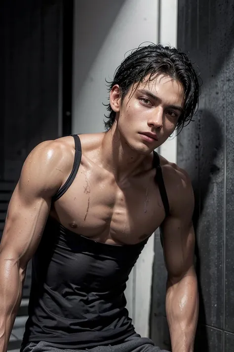 Man in black tank top tall and fit, with short black hair, while sexy modeling, in different places, in different positions, wet.