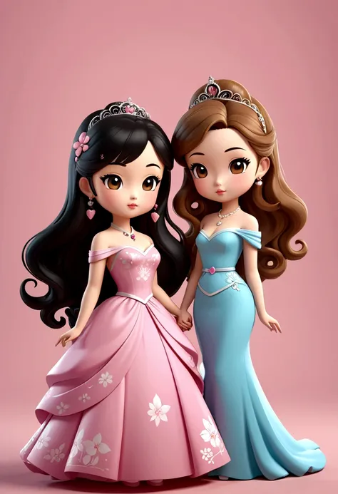 Beautiful curvy chibis in love, a little Asian lady with long flowing black hair and a princess with light brown hair. Dressed in the style of the 50s. illustration, 3d rendering, photography, realistic, anime, photography, poster