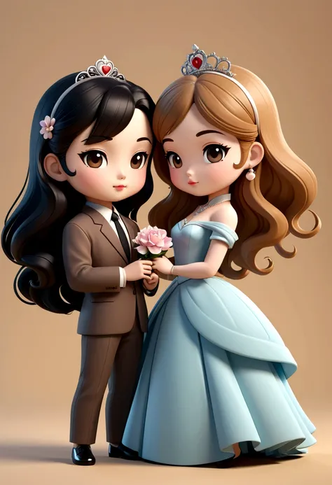 Beautiful curvy chibis in love, a little Asian lady with long flowing black hair and a princess with light brown hair. Dressed in the style of the 50s. illustration, 3d rendering, photography, realistic, anime, photography, poster