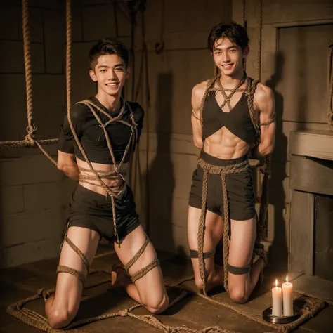  (((19 year old boy, skinny, lean))), smiling (((wearing gym shorts)))  kneeling, ((((Trussed up completely with rope)))), ((((very tight rope crossed over chest)))),(((body in tight shibari ropes))) sweating, wet skin, in a dungeon with candles and a fire...