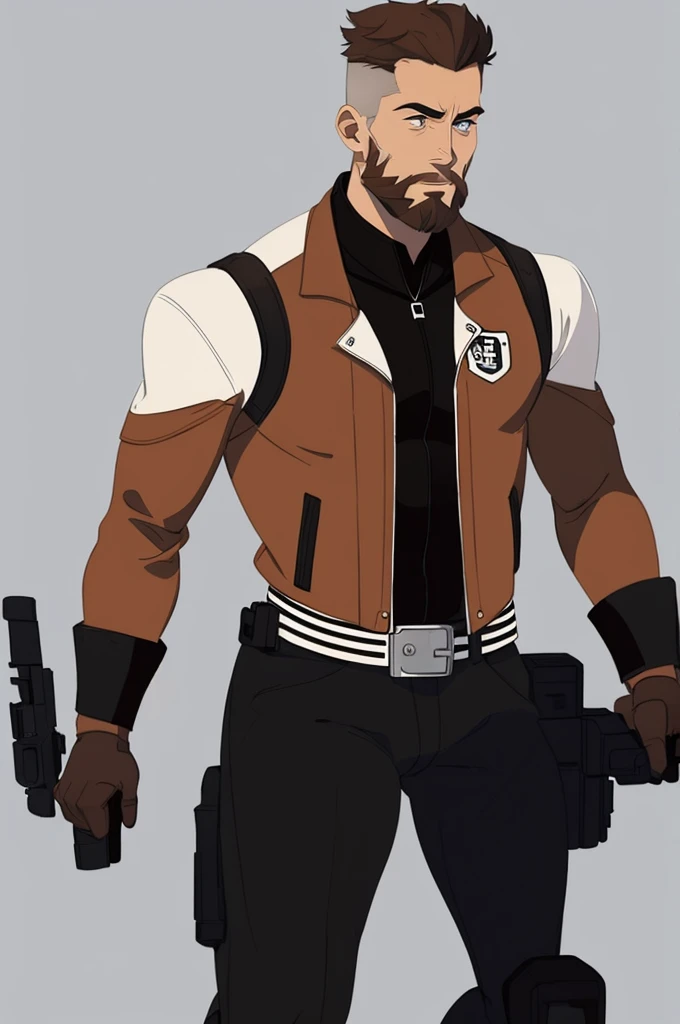 solo Male, muscular, White short hair, brown short beard, brown long sleeve leather jacket, black shirt, black pants, holding a pistol, full body, stoic attitude.
