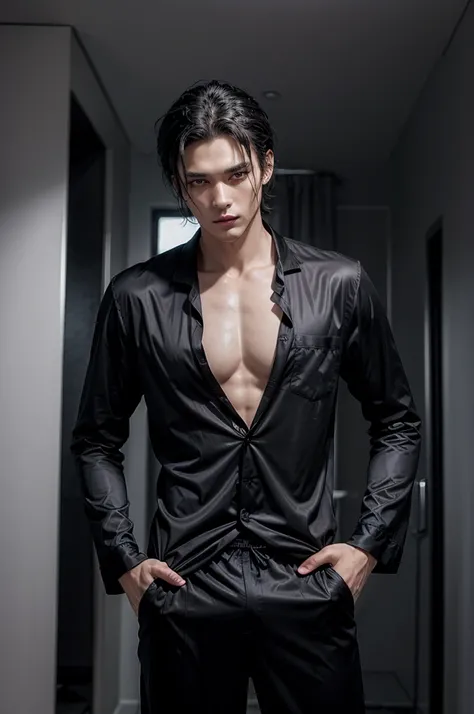 Man in black elegant pajamas tall and fit, with short black hair, while sexy modeling, in different places, in different positions.