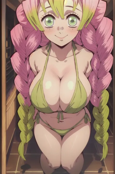 (masterpiece, best quality),  intricate details,
MitsuriKanroji,  kanroji mitsuri, 1girl, solo, long hair, winking, green eyes, pink hair, braid, green hair, twin braids, smile, cute smile, blushed smile, blush, blushing, large breast, huge breasts, bikini...