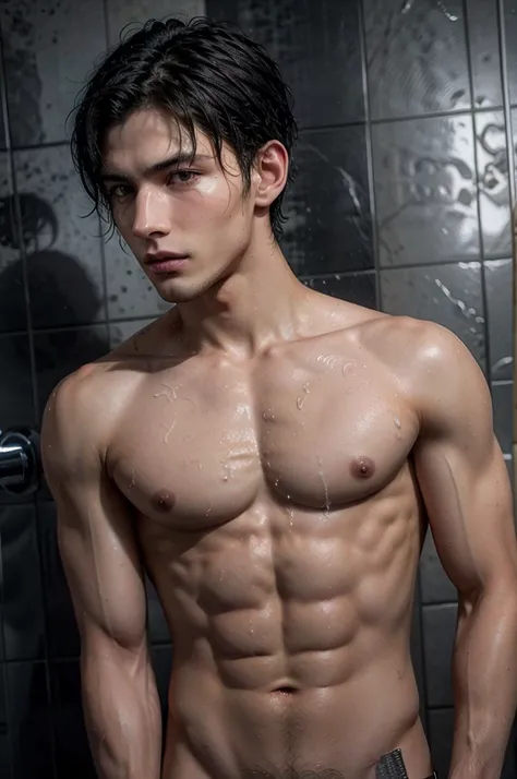 shirtless man, tall and fit, with short black hair, while sexy modeling, in the shower wet in different positions.