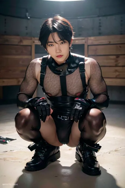 ((Best Quality, 8K, ultra-detailed, Masterpiece: 1.3)), 1boy, shiny skin, sharp, Perfect Body Beauty, realistic shaded perfect body, (kpop idol:1.1),("mesh bodysuit, techwear,big bulge ":1.2),("leggins , armor":1.1),("glove, armor":1.1 ),(techwear)(dynamic...