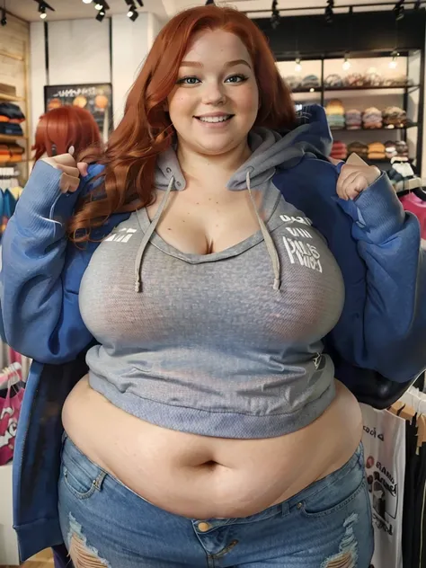 A happy photo of a young beautiful redhead bbw with long wavy ginger hair soft fat belly, wide fat obese hips, thick fat legs and fat arms, cute pretty face, small breasts, blue eyes, freckles, in a cute hoodie and ripped jeans, in a clothes shop, shopping...