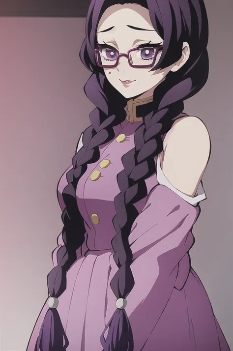 kimetsu no yaiba style, 1girl, dark purple hair with two braids, bangss, dark purple eyes big eyelashes, pink lips and a burn mark on the left eye, red square glasses, s uniform