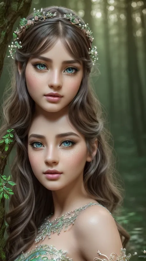 A jidgy girl, beautiful detailed eyes, beautiful detailed lips, extremely detailed eyes and face, long eyelashes, intricate fantasy outfit, whimsical pose, magical forest background, (best quality,4k,8k,highres,masterpiece:1.2),ultra-detailed,(realistic,ph...