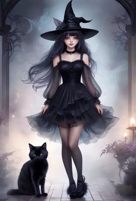 witch girl,full body,short tulled dress, translucent socks,shoes, cuddling a beautiful furry black cat,mist background,(high quality),(refined details),(delicate details),(fantasy illustration)