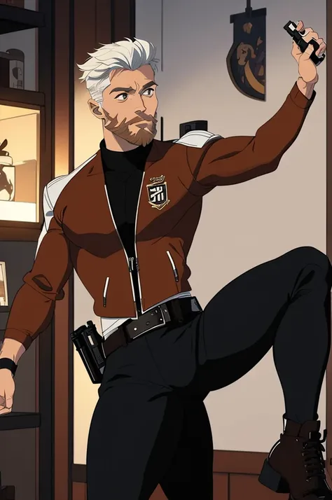 solo Male, muscular, White short hair, brown short beard, brown long sleeve leather jacket, black shirt, black pants, holding a pistol, full body, stoic attitude.
