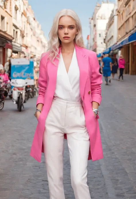 EMÍLIA CLARKE in pedestrian zone, pinker Kapuzenpullover, Pinker Blazer, white pants, pinke sneaker, Runs in the pedestrian zone, HAIR from Daenerys targaryen 