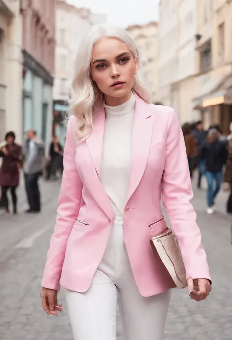 EMÍLIA CLARKE in pedestrian zone, pinker Kapuzenpullover, Pinker Blazer, white pants, pinke sneaker, Runs in the pedestrian zone, HAIR from Daenerys targaryen 