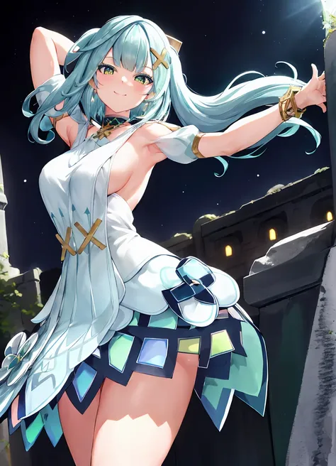 faruzandef, full body, high detailed face, high detailed dress, smile, looking at viewer, armpits, arms up, standing up, dynamic pose, medium breasts, side breasts, sunny ancient ruins.