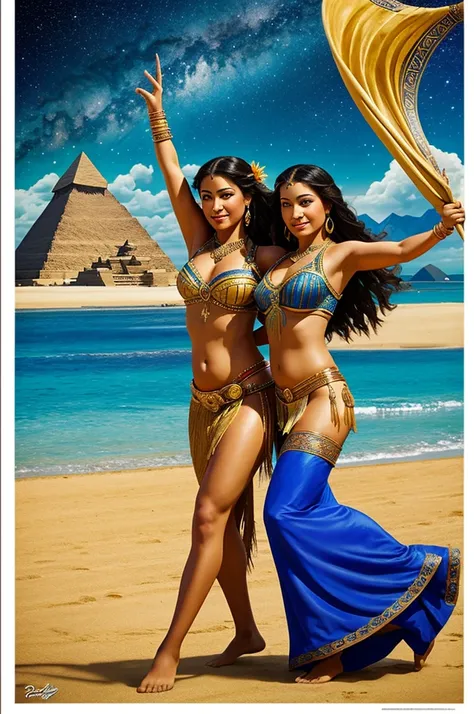 Disney Pixar type poster of a Belly Dancer and a Polynesian Dancer dancing on a beach with pyramids in the background and a starry sky like a Vangoh painting