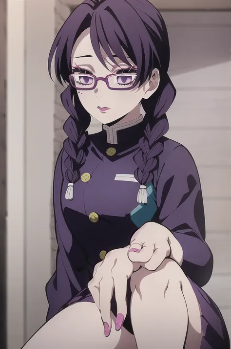 kimetsu no yaiba style, 1girl, purple hair with dark bangs with two braids, bangss, dark purple eyes big eyelashes, pink lips and a burn mark on the left eye, red square glasses, dark blue uniform, in a field