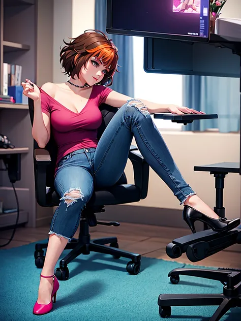 merula, sitting on a chair with her legs up, gaming chair, sexy pose, sitting pose, blue jeans, pink high heels , legs up, side view