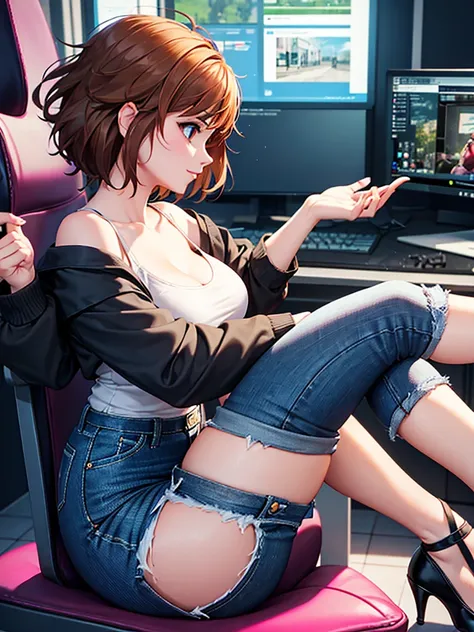 merula, sitting on a chair with her legs up, gaming chair, sexy pose, sitting pose, blue jeans, pink high heels , legs up, side view