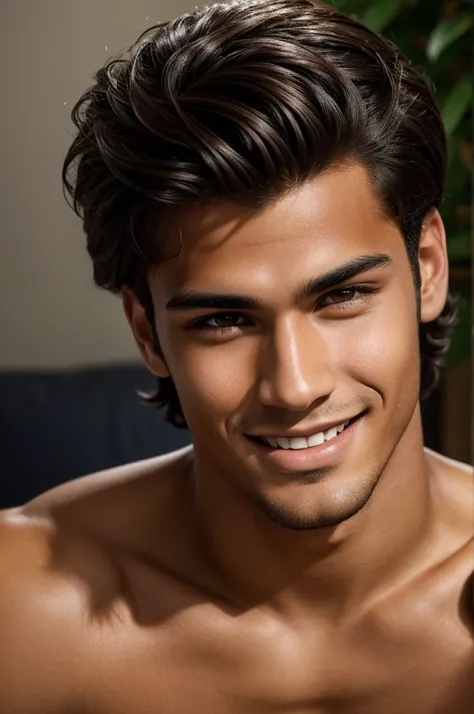 A young man of 18 years old, beautiful and very handsome, with slightly tanned skin, highlighting his Latin features.  His face has a well-defined structure.  His eyes are large and dark, with long, thick eyelashes that frame his deep and expressive gaze. ...