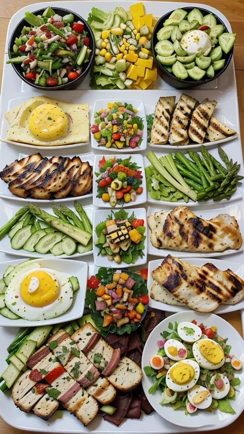 Colorful and Varied Keto Lunch Platter: A beautifully arranged platter with various keto-friendly foods, such as avocado, bacon-wrapped asparagus, deviled eggs, colorful salads, and grilled chicken. The vibrant colors and variety will catch the viewer’s ey...