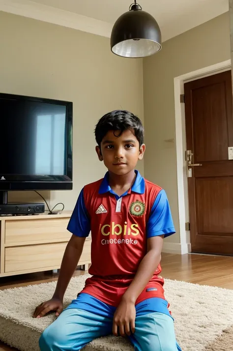  A boy watching cricket kn tv wearing indian jersey