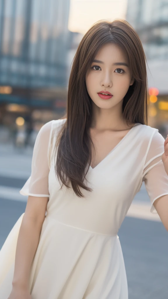 ((realistic lighting, best quality, 8K, masterpiece: 1.3)), Concentrate upon: 1.2, 1 woman, perfect look: 1.4, slim abs: 1.1, ((dark brown hair)), (white dress: 1.4), (outdoor, night: 1.1), city street, super fine face, good eyes, double eyelid,