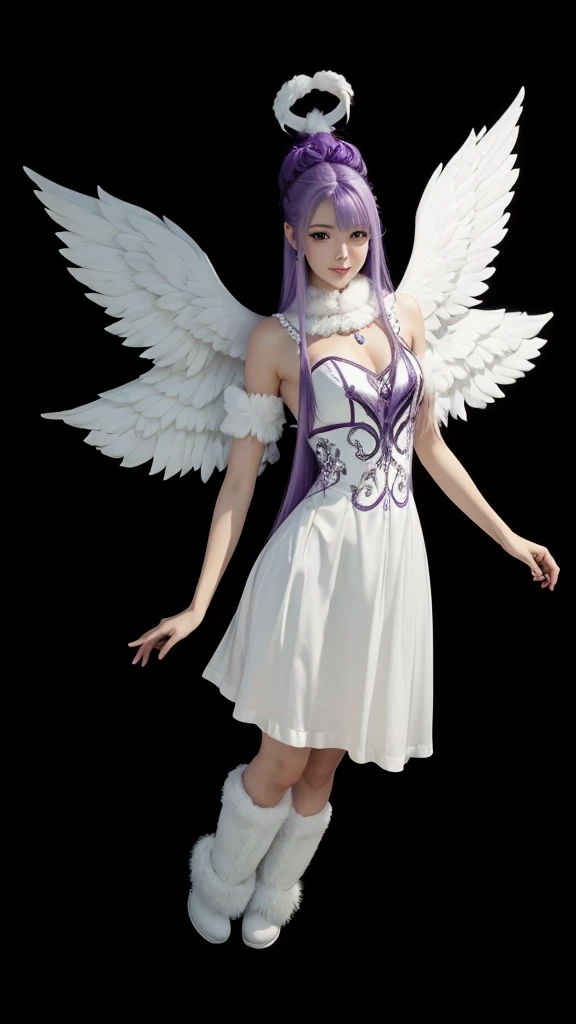 A beautiful full body, with white dress,  wearing fluffy furry white boots, with white wings and long straight purple hair.