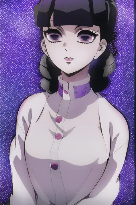 kimetsu no yaiba style, 1girl, purple hair with dark bangs with two braids, bangss, dark purple eyes big eyelashes, pink lips and a burn mark on the left eye, red square glasses, dark blue uniform,