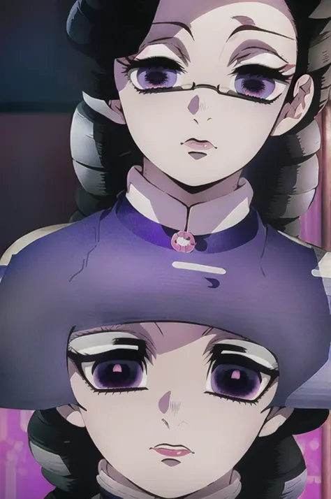 kimetsu no yaiba style, 1girl, purple hair with dark bangs with two braids, bangss, dark purple eyes big eyelashes, pink lips and a burn mark on the left eye, red square glasses, dark blue uniform,