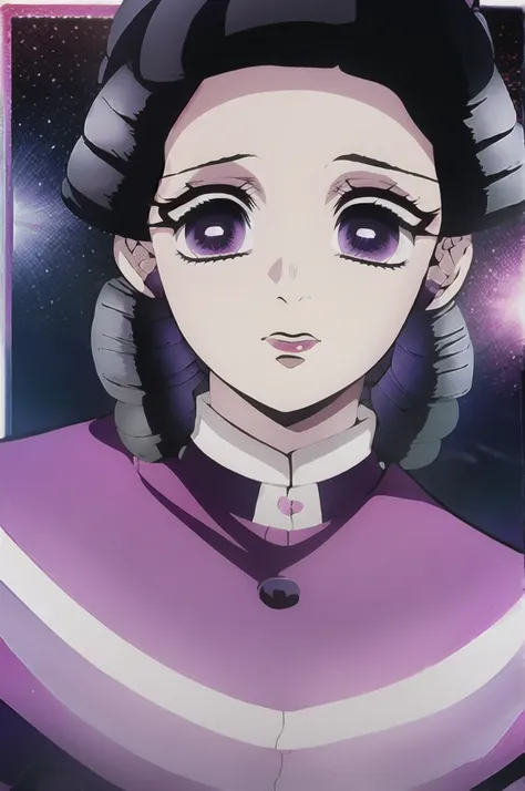 kimetsu no yaiba style, 1girl, purple hair with dark bangs with two braids, bangss, dark purple eyes big eyelashes, pink lips and a burn mark on the left eye, red square glasses, dark blue uniform,