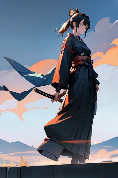 Adult, Female, samurai Clothing, Standing pose, Town background.