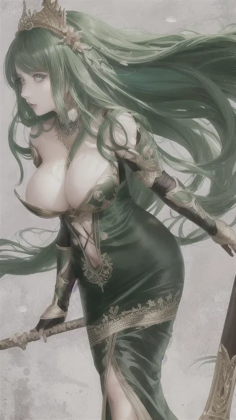 divine beautiful dlyad girl, long green hair, large breasts, fantasy, she is holding a wooden cane, excellent lighting, excellent anatomy