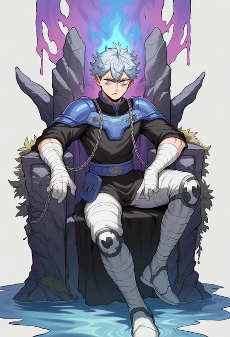 Little boy 10 years old with pale, frosty skin [With messy hair Black with silver blue With bright pink and violet eyes] In the Black Clover anime Galactic Patroller uniform with bandages on the hands ,Sitting on the Dimensional Throne,With Bodyguards In a...