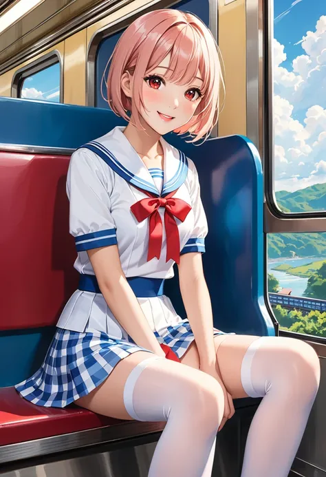 Highest quality、High resolution、Detailed Background、Beautiful face in every detail、Teenage beauty、Detailed red eyes、Perfect body line、Light Hair Color、Bobcut、A shiny white short-sleeved sailor suit、Light blue sailor collar、Checkered pleated skirt、Red ribbo...