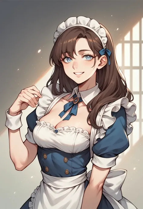 Anime art style, dark brown hair, light blue eyes, pale skin, sexy short MaiD clothes, gentle perverted smile, hoT girl