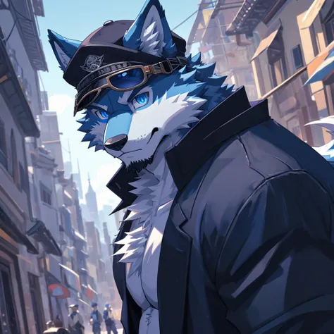 bynamic angle,depth of field, motion blur, absurdres,looking at viewer, (best quality), (masterpiece), (ultra detailed),(detailed eyes),sharp focus,manga,anthro male Blue Wolf,(muscular),Huge Chest , Naked , Wearing black cap , wearing Sunglasses , own pet...