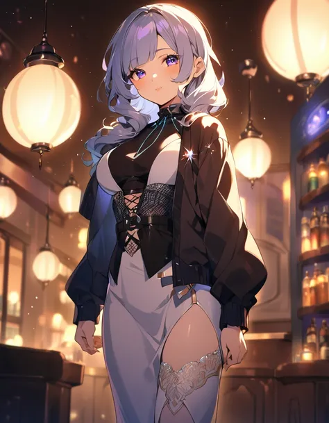 A grown woman, late twenties age, standing up, beautiful, alluring nightlife attire, cozy lighting, cozy background, cellshading style