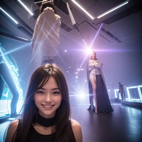 A beautiful girl uses a laser and then turns into a very giant and tall woman in a room while smiling